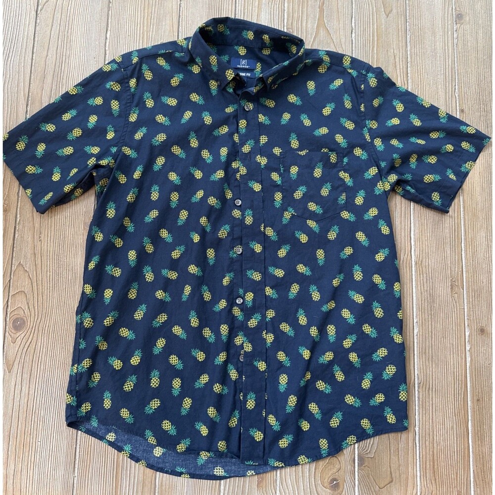George Classic Fit Pineapple Print Button Up Short Sleeve Collar Men's M (38-40)